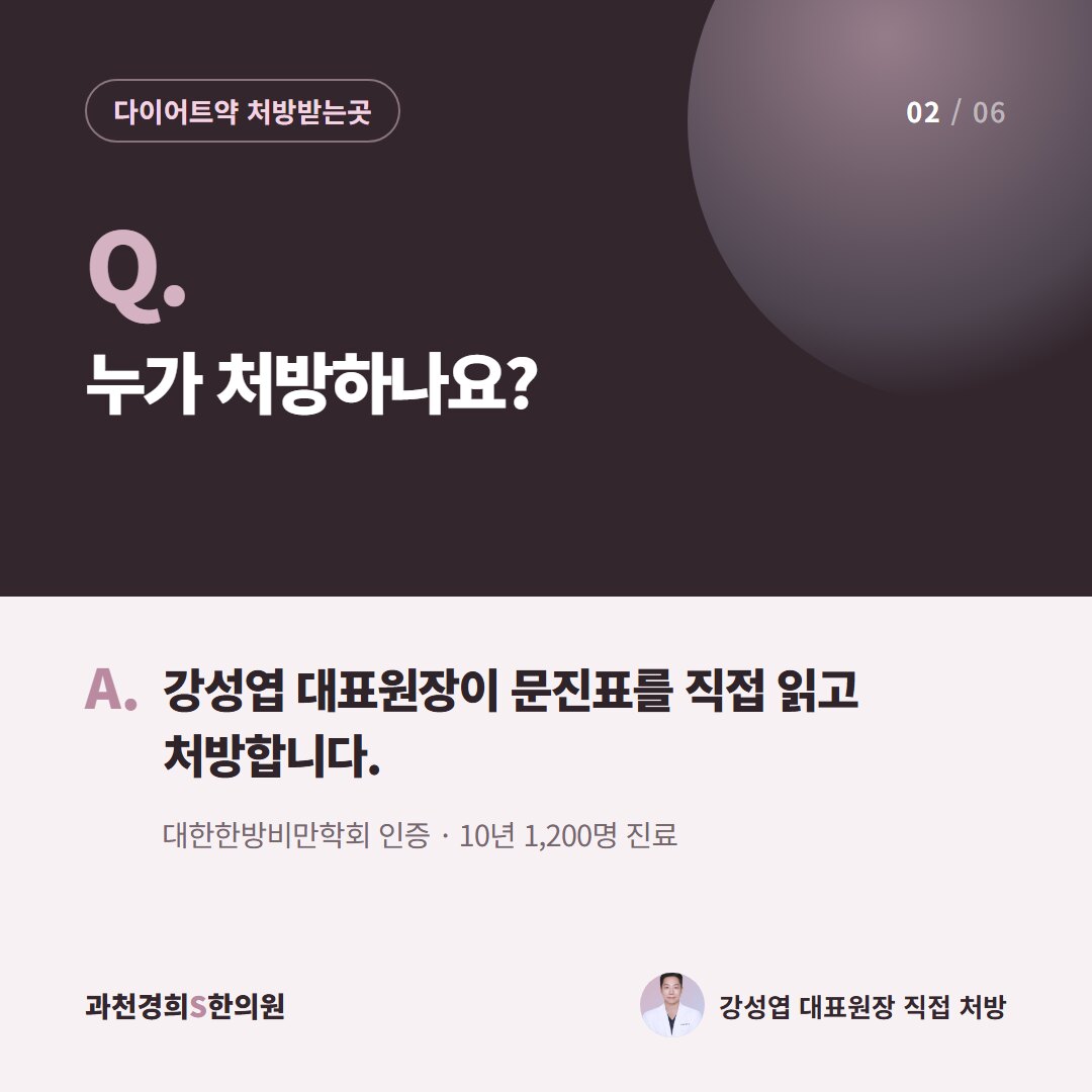 Q. 누가 처방하나요? A. 강성엽 대표원장이 문진표를 직접 읽고 처방합니다. 대한한방비만학회 인증 · 10년 1,200명 진료