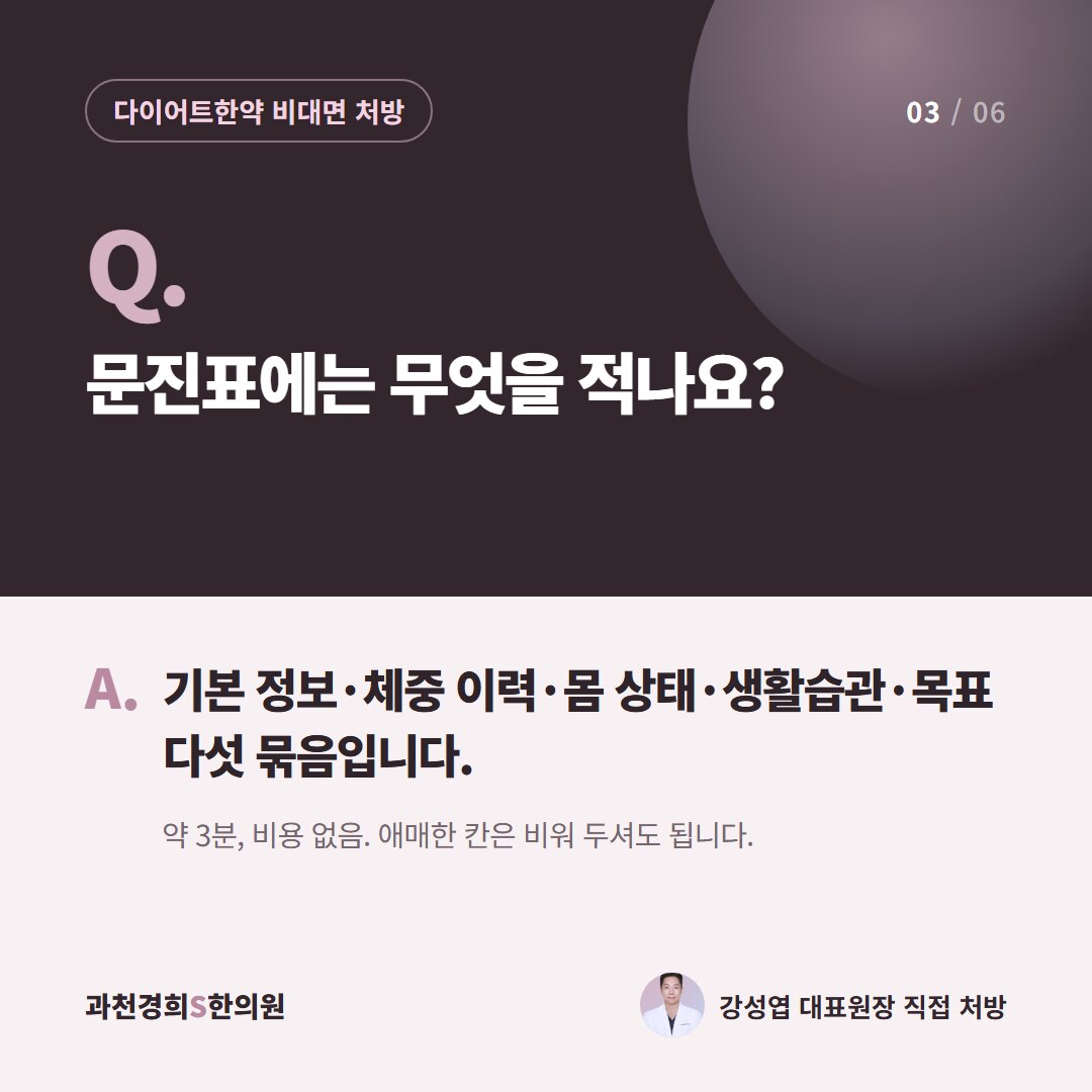 Q. 문진표에는 무엇을 적나요? A. 기본 정보·체중 이력·몸 상태·생활습관·목표 다섯 묶음입니다. 약 3분, 비용 없음. 애매한 칸은 비워 두셔도 됩니다.